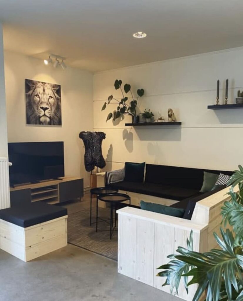 A modern living room with light wood furniture, a black sectional sofa, a TV, a lion portrait on the wall, houseplants, shelves with decor, and nested round coffee tables on a rug.
