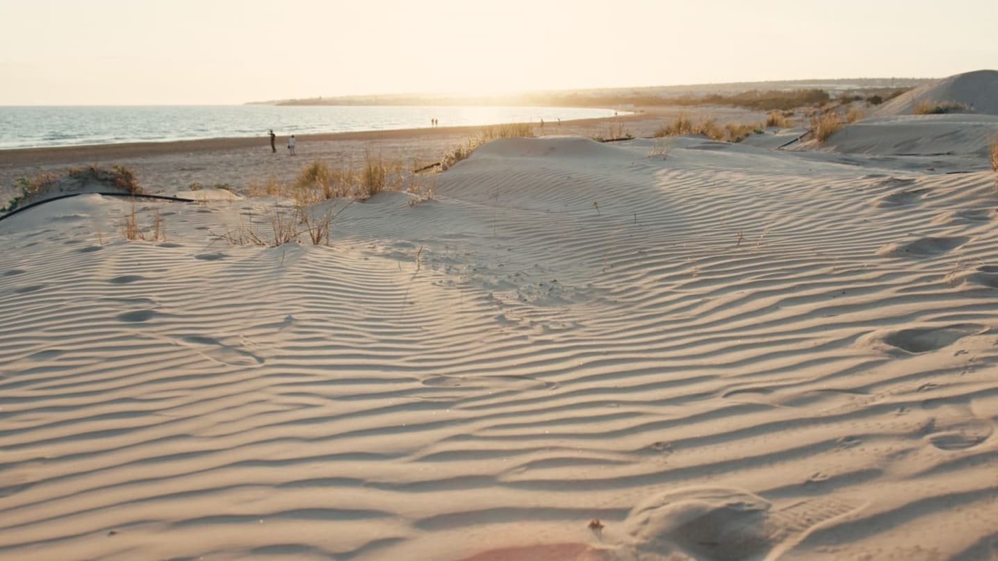Ripples in sandy dunes lead to a beach at sunset, with gentle sunlight reflecting on the sea. Grasses grow sparingly on the dunes, and a few people are visible in the distance near the shoreline.