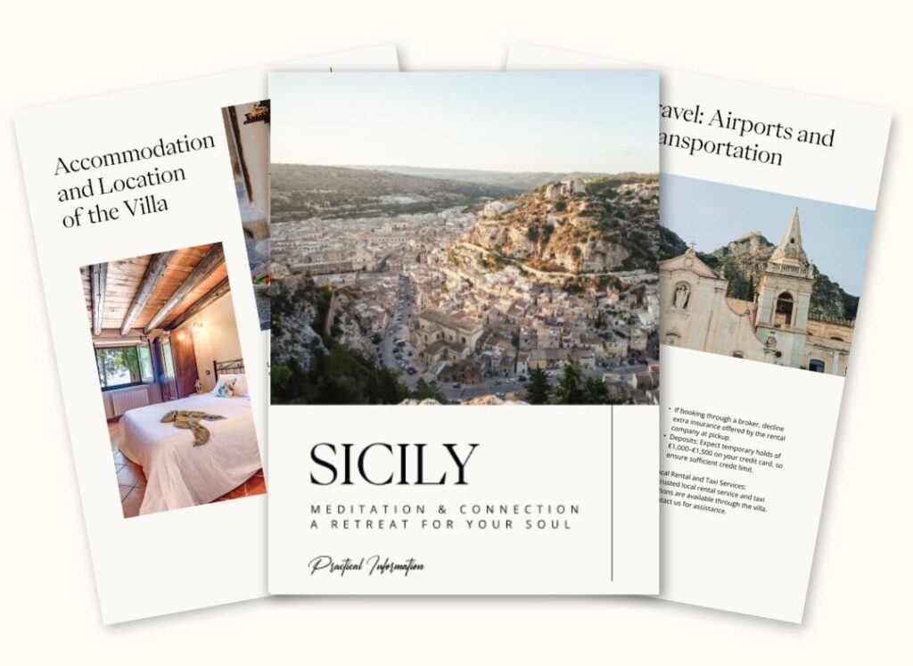 Three overlapping pages: the front shows a scenic view of a hillside town labeled "Sicily: Meditation & Connection, A Retreat For Your Soul," flanked by pages about villa accommodation and travel information.