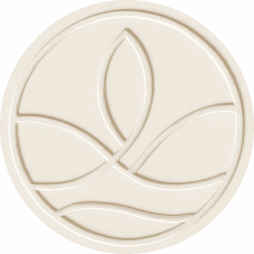 A round, beige embossed emblem featuring abstract, curved lines forming a symmetrical, leaf-like design within the circle. The lines suggest organic shapes and gentle movement.