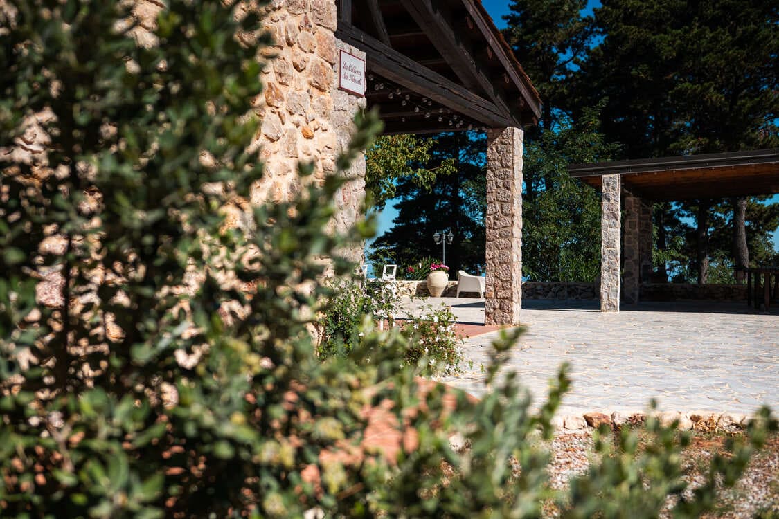 A rustic stone building with a covered patio, surrounded by greenery and trees under a clear blue sky, with sunlight casting shadows on the cobblestone ground.