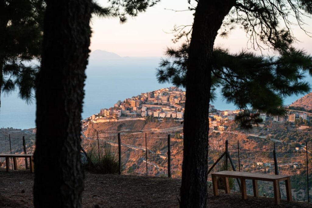 A coastal hillside town is seen in the distance through pine trees, with benches and a wire fence in the foreground, and the sea and distant land visible beyond the town.